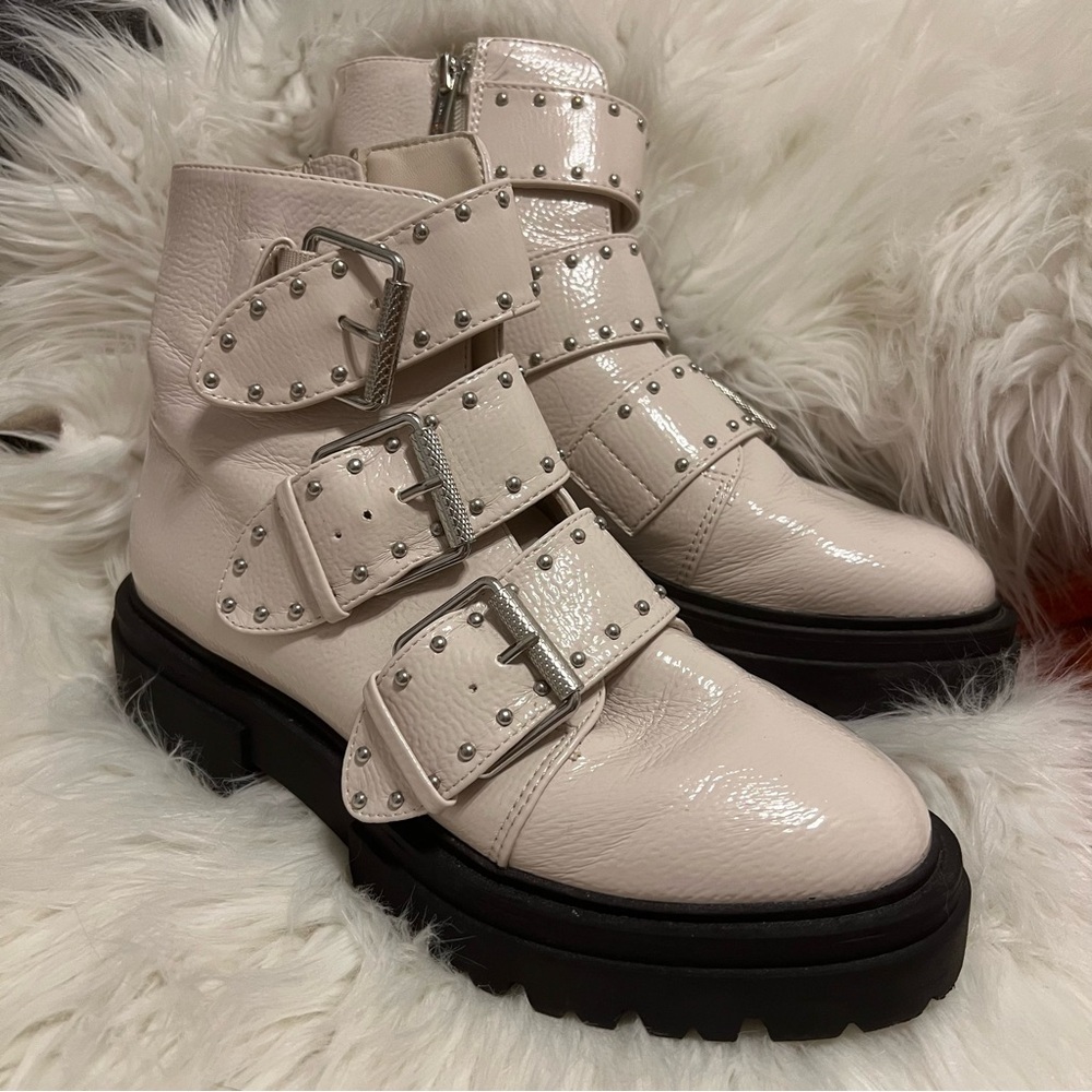 Steven New York Alaine Studded Lug Sole Boot w/Buckles in Ivory